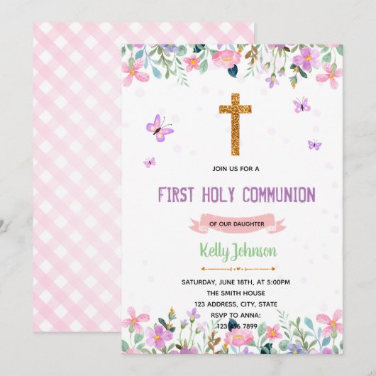 Paars thema baptisme baptisme - uitnodiging (Voorkant / Achterkant)