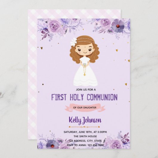 Paars thema uitnodiging van de meisjesgemeenschap (Voorkant / Achterkant)