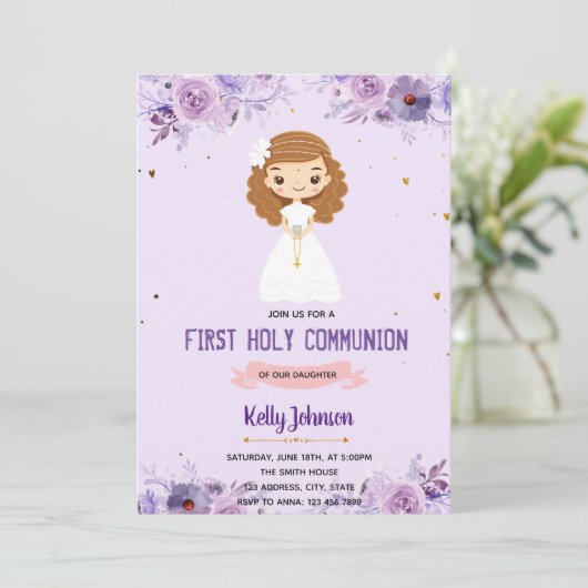 Paars thema uitnodiging van de meisjesgemeenschap (Staand voorkant)