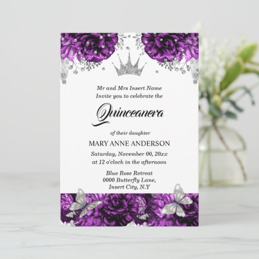 Paars tiara roos quinceanera kaart (Staand voorkant)