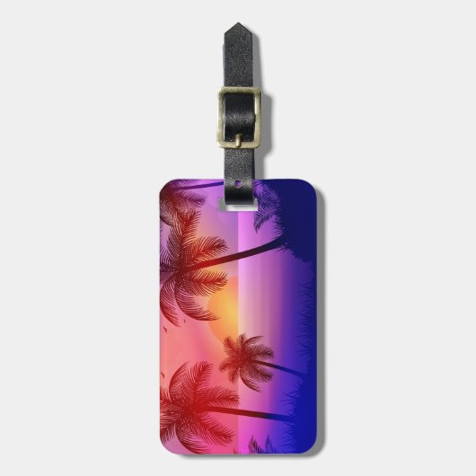 Paars tropisch strand op zonsondergang bagagelabel (Voorkant verticaal)