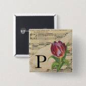 Paars Tulip blad Music Monogram Initiaal P Vierkante Button 5,1 Cm (Voorkant /achterkant)