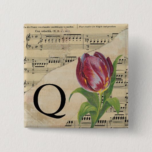 Paars Tulip blad Music Monogram Initiaal Q Vierkante Button 5,1 Cm (Voorkant)