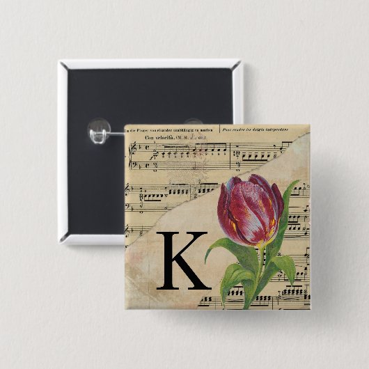 Paars Tulip Datablad Music Monogram Initiaal K Vierkante Button 5,1 Cm (Voorkant /achterkant)
