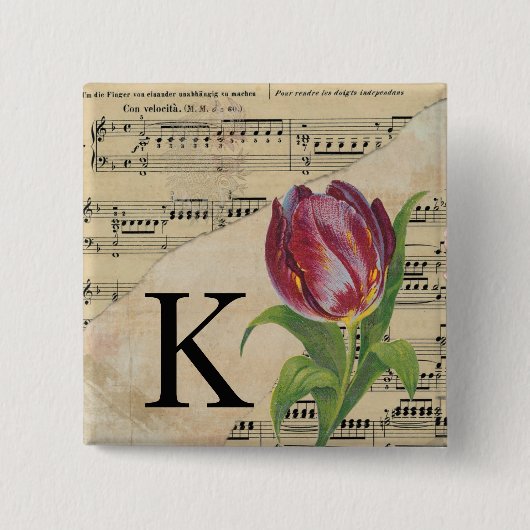 Paars Tulip Datablad Music Monogram Initiaal K Vierkante Button 5,1 Cm (Voorkant)