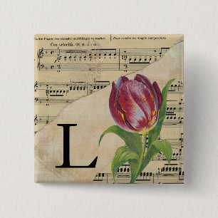 Paars Tulip Datablad Music Monogram Initiaal L Vierkante Button 5,1 Cm