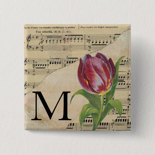 Paars Tulip Datablad Music Monogram Initiaal M Vierkante Button 5,1 Cm (Voorkant)