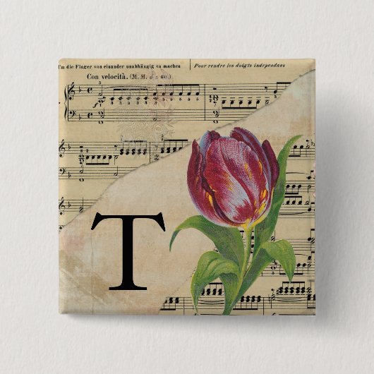 Paars Tulip Datablad Music Monogram Initiaal T Vierkante Button 5,1 Cm (Voorkant)