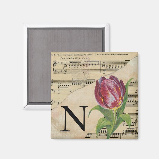 Paars Tulip vel Music Monogram Initiaal N Magneet (Voorkant / Achterkant)