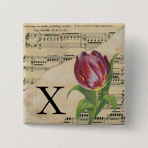 Paars Tulip vel Music Monogram Initiaal X Vierkante Button 5,1 Cm