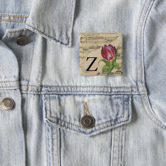 Paars Tulip vel Music Monogram Initiaal Z Vierkante Button 5,1 Cm (In situ)