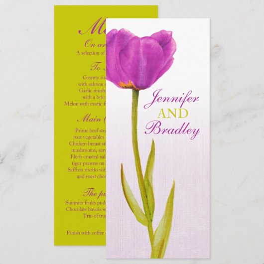 Paars tulp bruiloftsreceptie diner menu kaart (Voorkant / Achterkant)