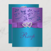 Paars, Turkoois Bloemhartig Monogram Trouw RSVP (Voorkant / Achterkant)