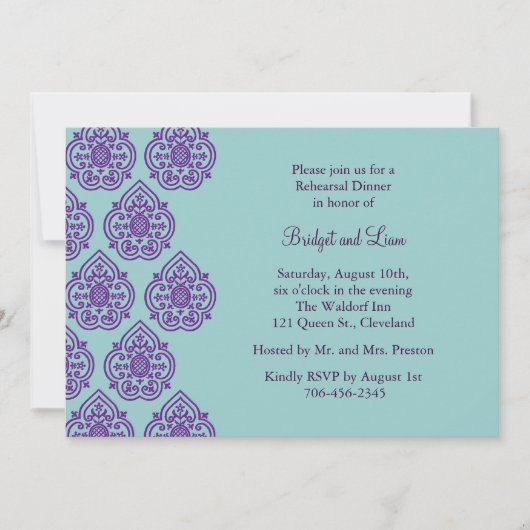 Paars/Turquoise Damask Rehearsal Dinner Invite Kaart (Voorkant)