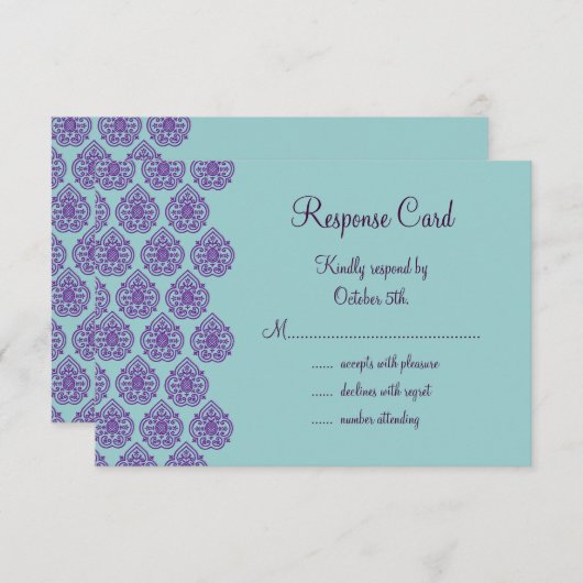 Paars/Turquoise Damask RSVP (Voorkant / Achterkant)