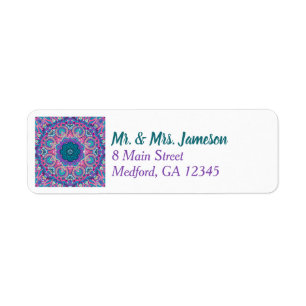 Paars, turquoise en heet roze bloemmotief mandala etiket