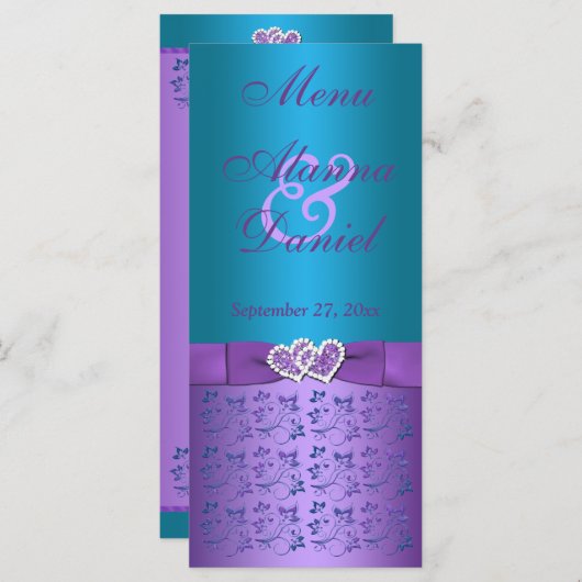 Paars, Turquoise Floral Hearts Wedding Menu (Voorkant / Achterkant)