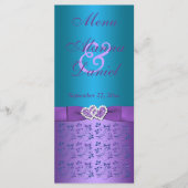 Paars, Turquoise Floral Hearts Wedding Menu (Voorkant)