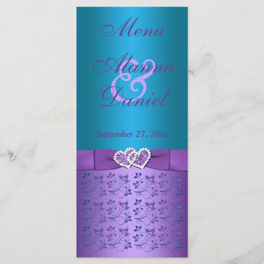 Paars, Turquoise Floral Hearts Wedding Menu (Voorkant)