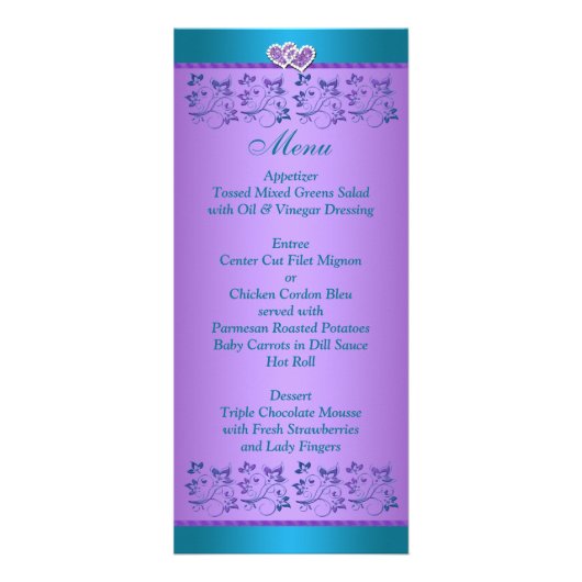 Paars, Turquoise Floral Hearts Wedding Menu (Achterkant)