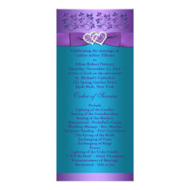 Paars Turquoise Floral Hearts Wedding Programme 2 Reclamekaart