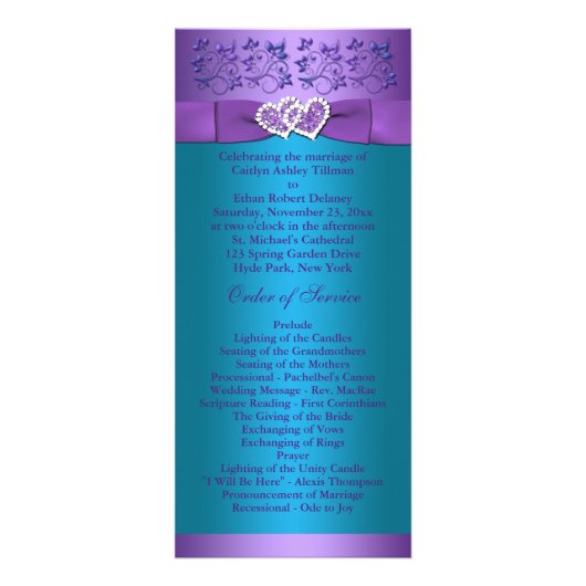 Paars Turquoise Floral Hearts Wedding Programme 2 Reclamekaart (Voorkant)