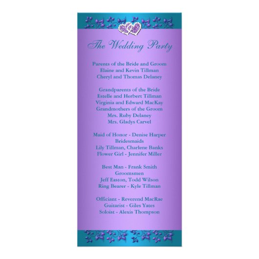 Paars Turquoise Floral Hearts Wedding Programme 2 Reclamekaart (Achterkant)