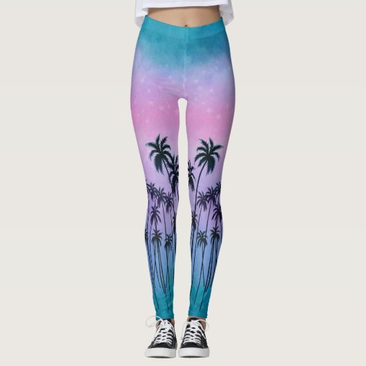 Paars-turquoise Palmbomen Leggings (Voorkant)