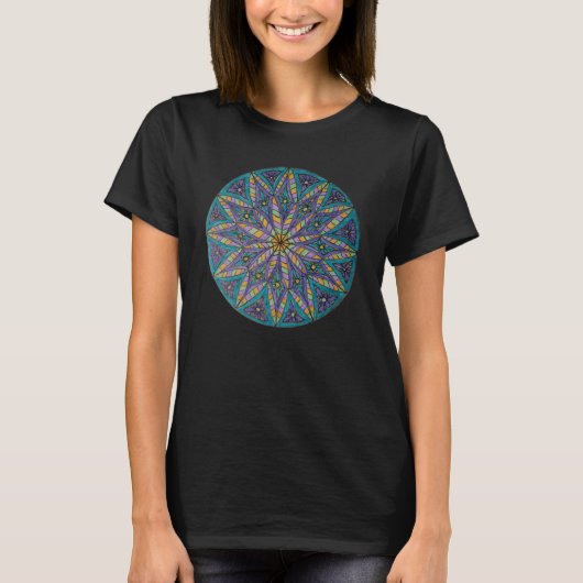 Paars/Turquoise Starburst Mandala T-shirt (Voorkant)