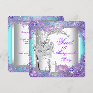 Paars Turquoise Sweet Sixteen 16 Maskerade Feestje Kaart
