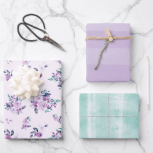 Paars & Turquoise Waterverf Bloem en Subtiele Stre Inpakpapier Vel