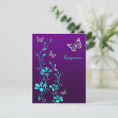 Paars Turquoise Zilver Bloemen, Vlinders RSVP Kaar (Staand voorkant)