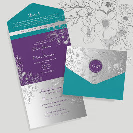 Paars Turquoise Zilveren Bloemen Bruiloft All In One Uitnodiging