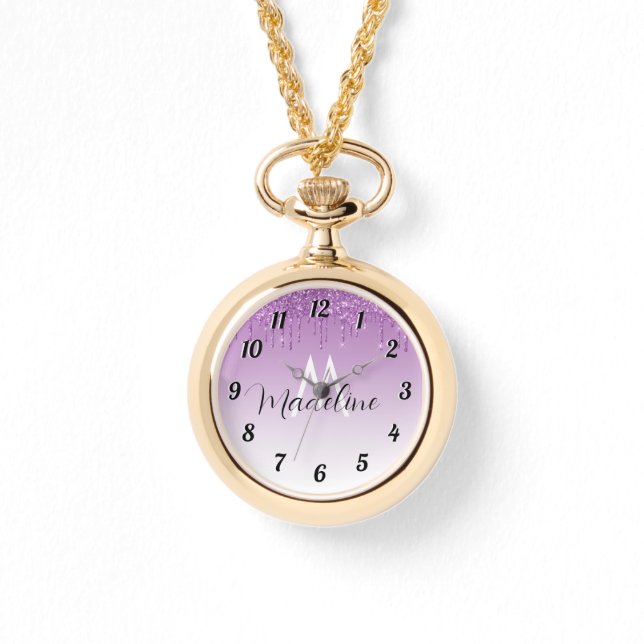 Paars uitstrijken Glitter Monogram Horloge (Voorkant)