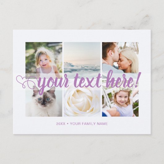 Paars Uw douanetekst 6 foto's collage universeel Briefkaart (Voorkant)