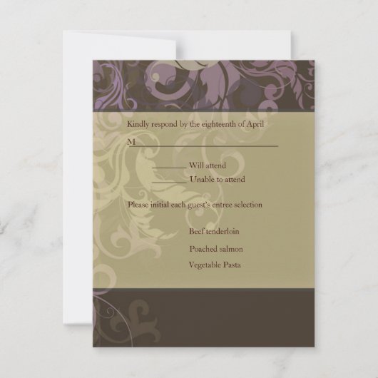 Paars Victoria Damask bruiloft RSVP Kaartje (Voorkant)