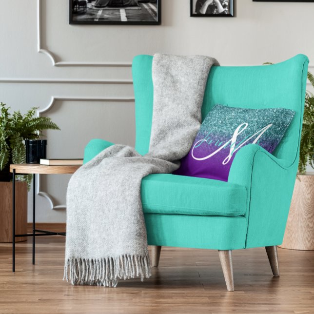 Paars Violet en Teal Ombre Glitter Monogram Kussen (Violet Purple and Teal Ombre Glitter Monogram Throw Pillow)