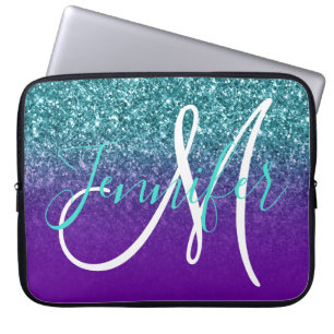 Paars Violet en Teal Ombre Glitter Monogram Laptop Sleeve