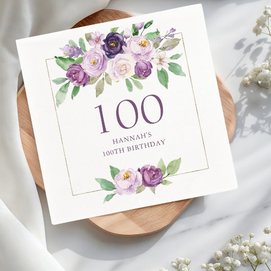 Paars | Violet Floral 100ste verjaardag Servet