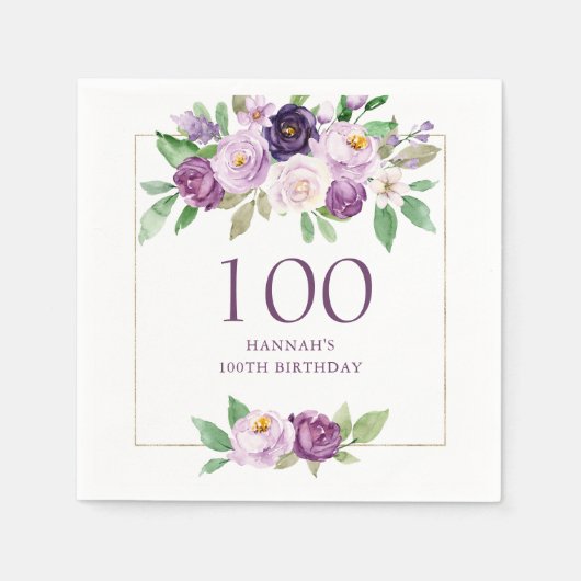 Paars | Violet Floral 100ste verjaardag Servet (Voorkant)