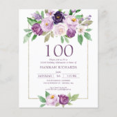 Paars | Violet Floral 100ste verjaardag uitnodigin (Voorkant)