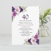 Paars Violet Floral 40th Wedding Jubileum Kaart (Staand voorkant)