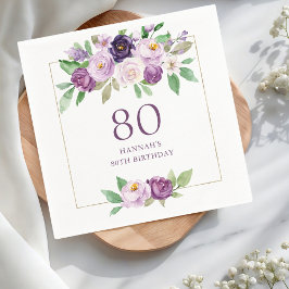 Paars | Violet Floral 80ste verjaardag Servet