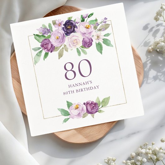 Paars | Violet Floral 80ste verjaardag Servet