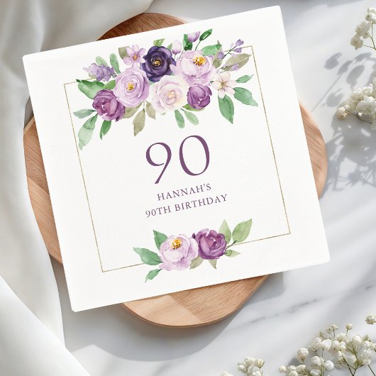 Paars | Violet Floral 90ste verjaardag Servet