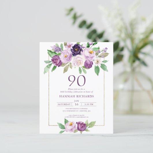 Paars | Violet Floral 90ste verjaardag uitnodiging (Staand voorkant)