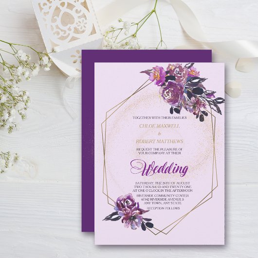 Paars Violet Floral Gold Lijst Weddenschap Kaart