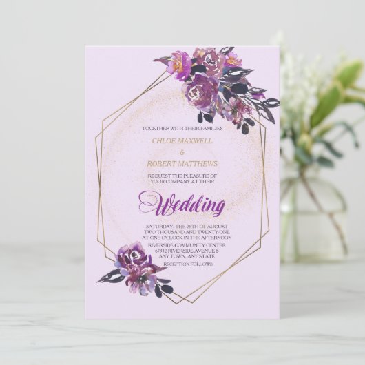 Paars Violet Floral Gold Lijst Weddenschap Kaart (Staand voorkant)
