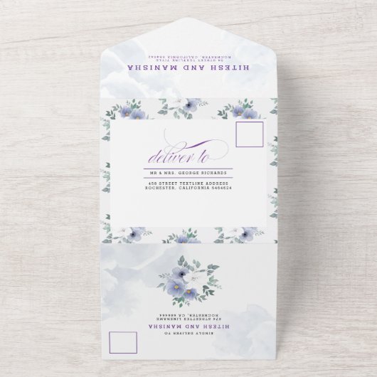 Paars Violet florelegant All In One Uitnodiging (Buitenkant)