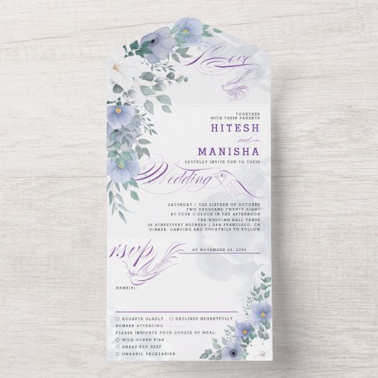 Paars Violet florelegant All In One Uitnodiging (Binnen)